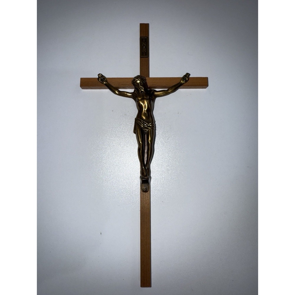 Vintage Walnut & Brass‎ Inlay INRI 10" Crucifix Jesus Christ Wall Hanging